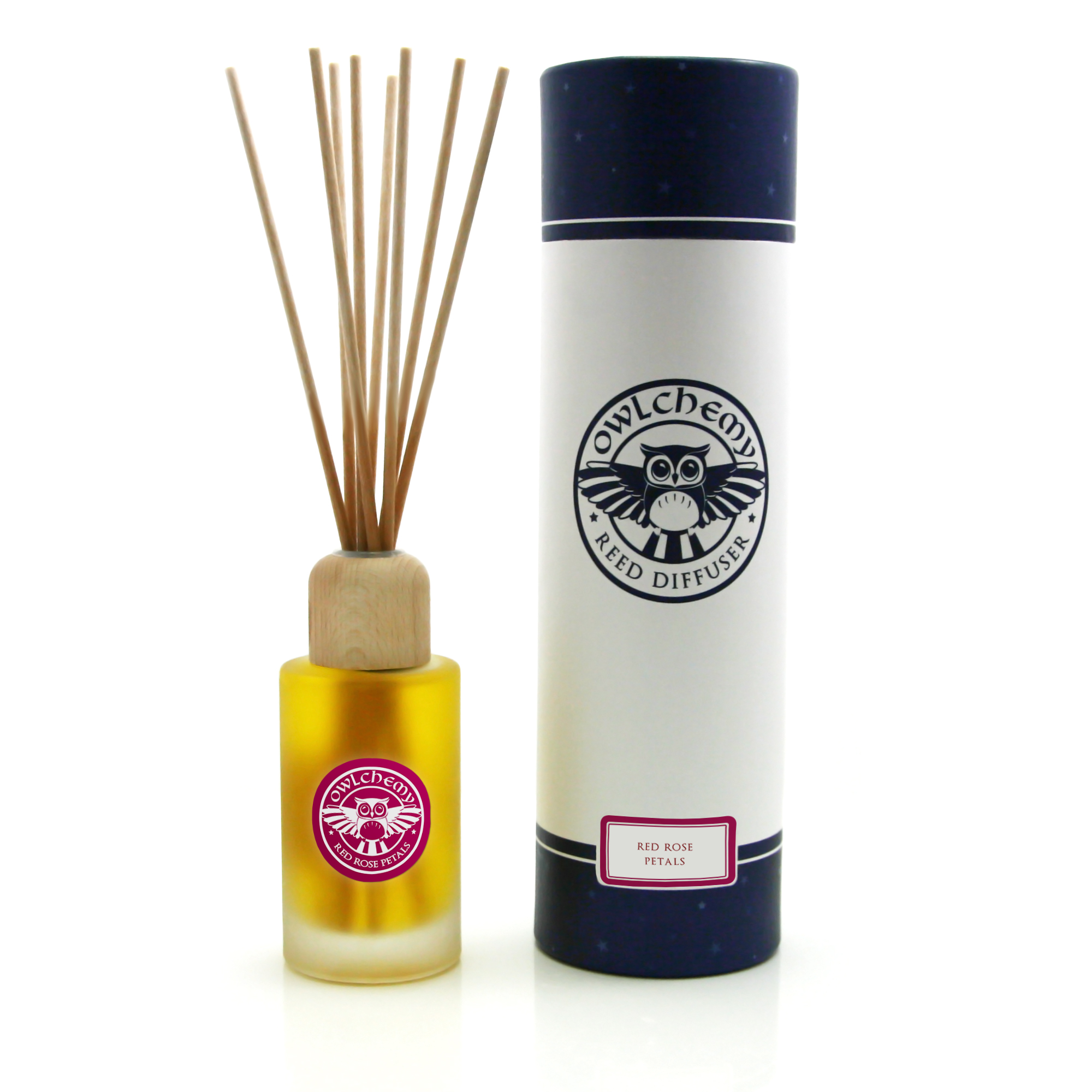 A bottle of our Celebration Reed Diffuser with Red Rose Petals next to its box.